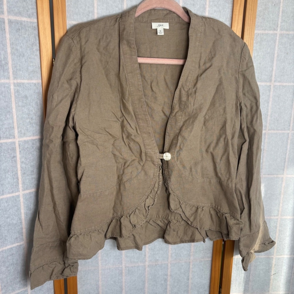 J. Jill Womens Linen Ruffle Hem Bolero Cardigan Jacket‎ Taupe Brown Size Medium